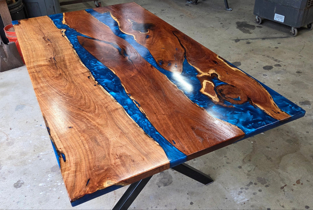 Mesquite River table with Ocean Blue Epoxy, metal X-style legs and semi-gloss finish