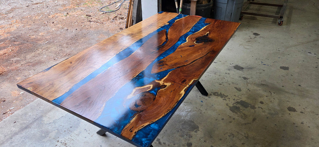 Mesquite River table with Ocean Blue Epoxy, metal X-style legs and semi-gloss finish