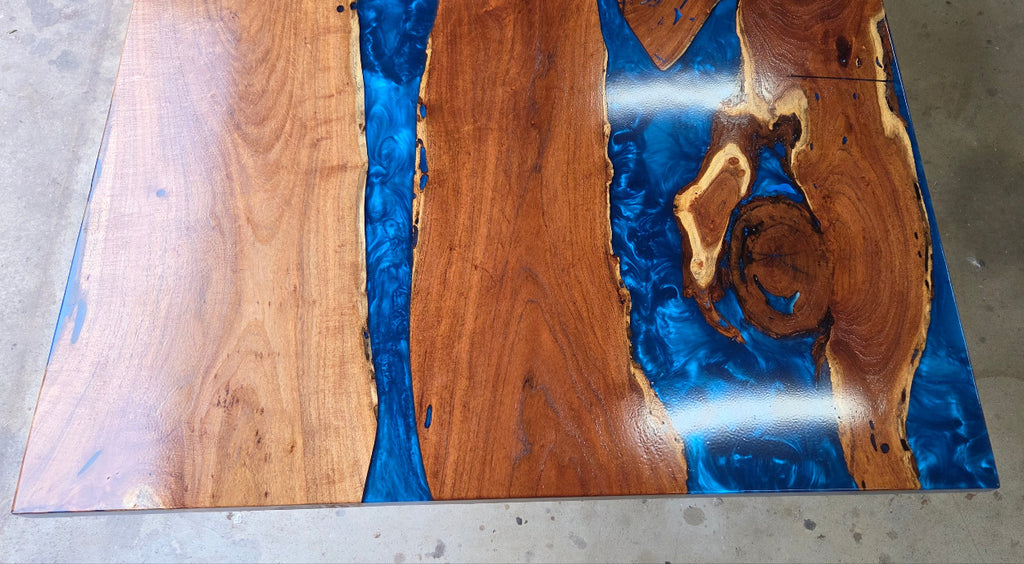 Mesquite River table with Ocean Blue Epoxy, metal X-style legs and semi-gloss finish