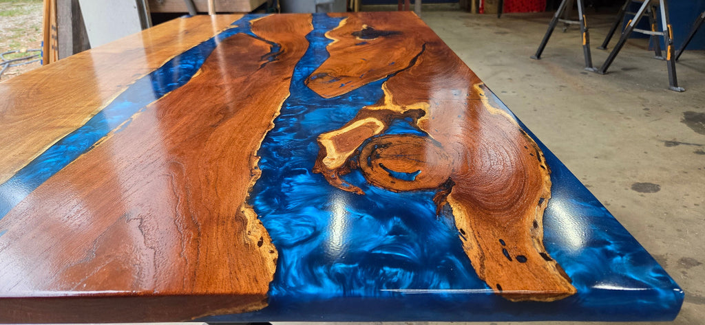 Mesquite River table with Ocean Blue Epoxy, metal X-style legs and semi-gloss finish