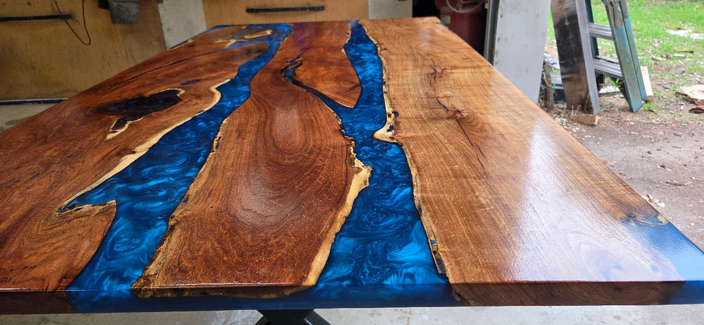 Mesquite River table with Ocean Blue Epoxy, metal X-style legs and semi-gloss finish