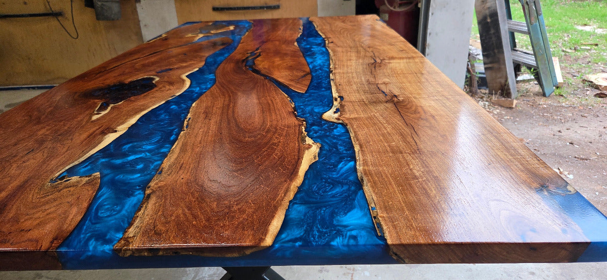 Mesquite River table with Ocean Blue Epoxy, metal X-style legs and semi-gloss finish