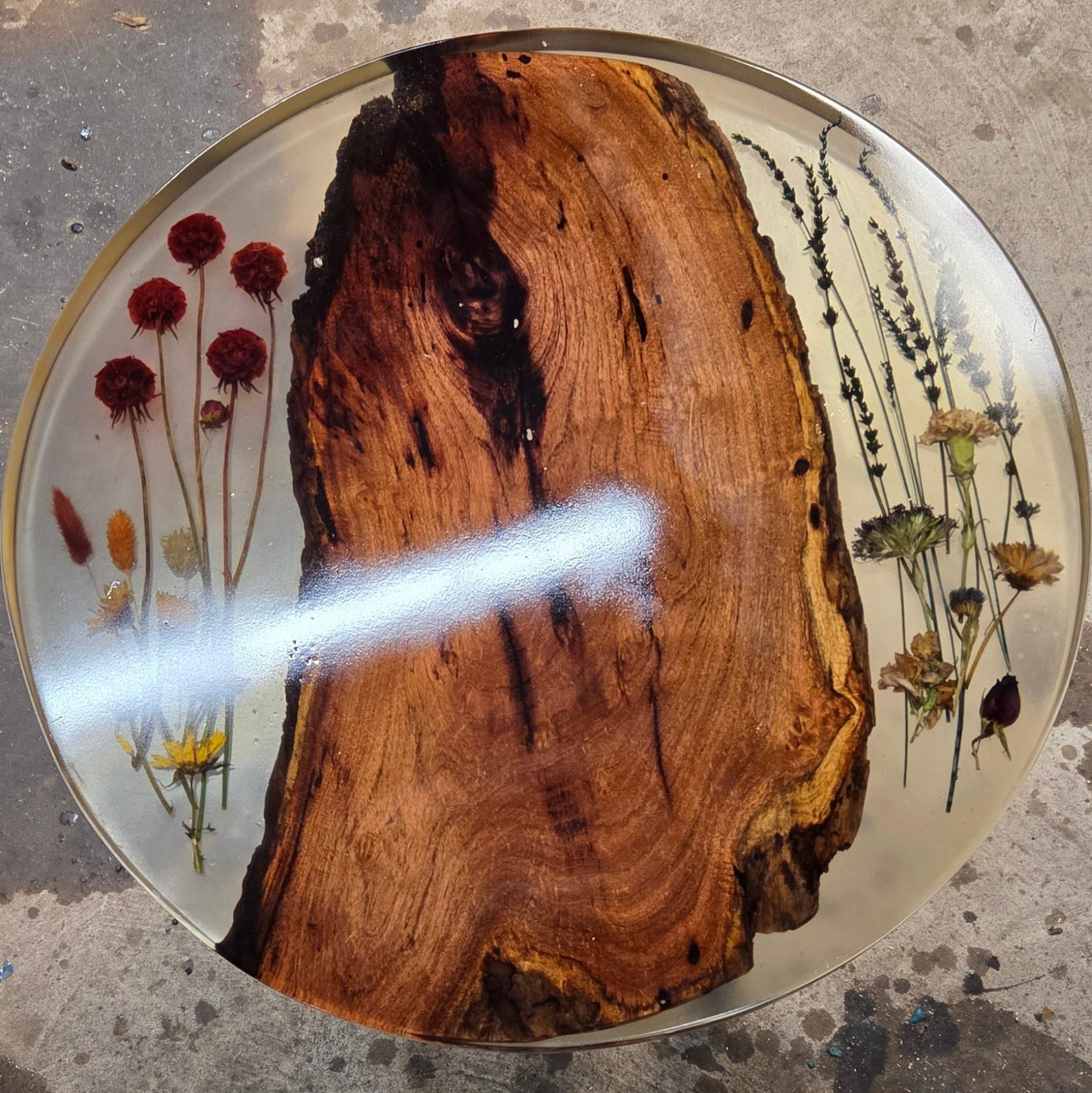 Epoxy End table with inlay-ed with Flowers and mesquite slab on black metal legs,