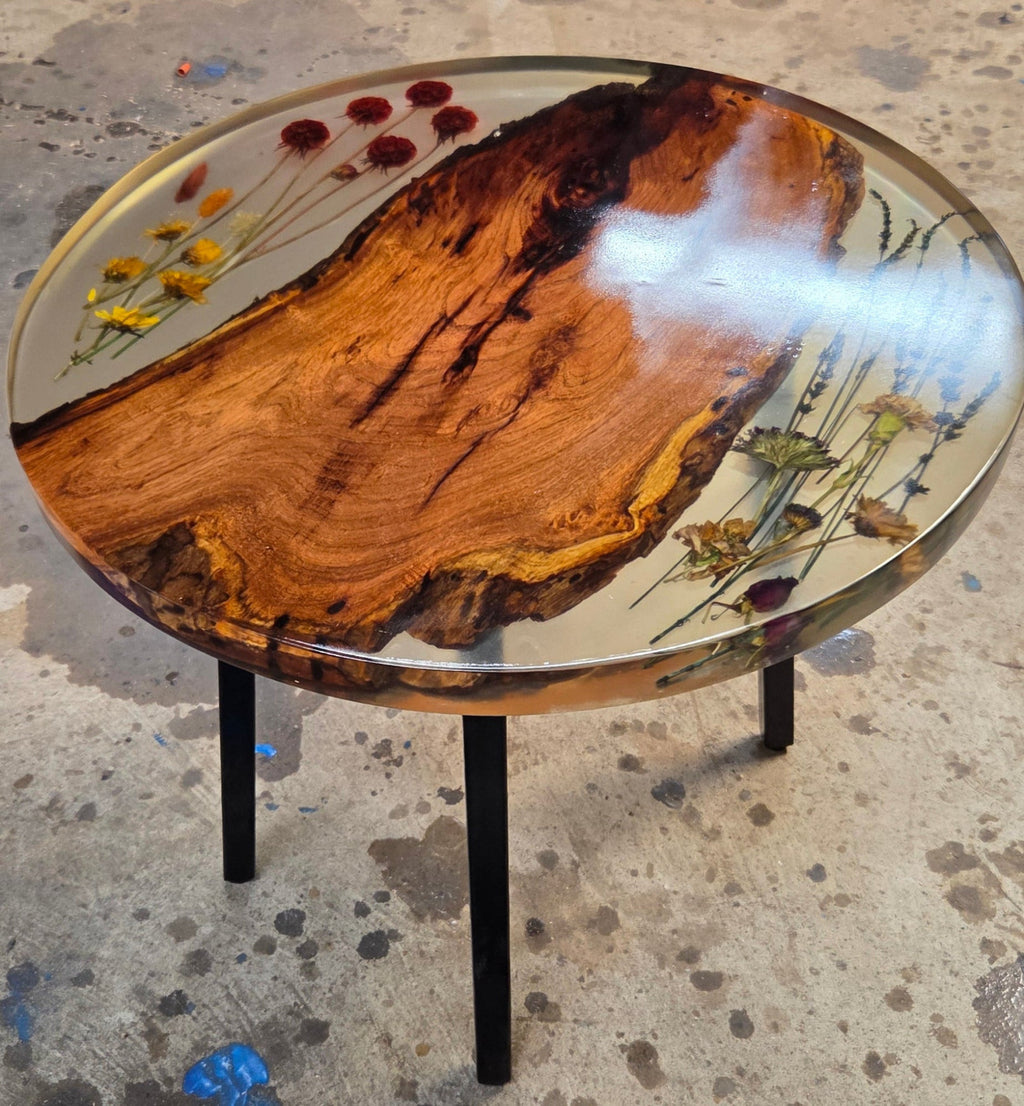 Epoxy End table with inlay-ed with Flowers and mesquite slab on black metal legs,