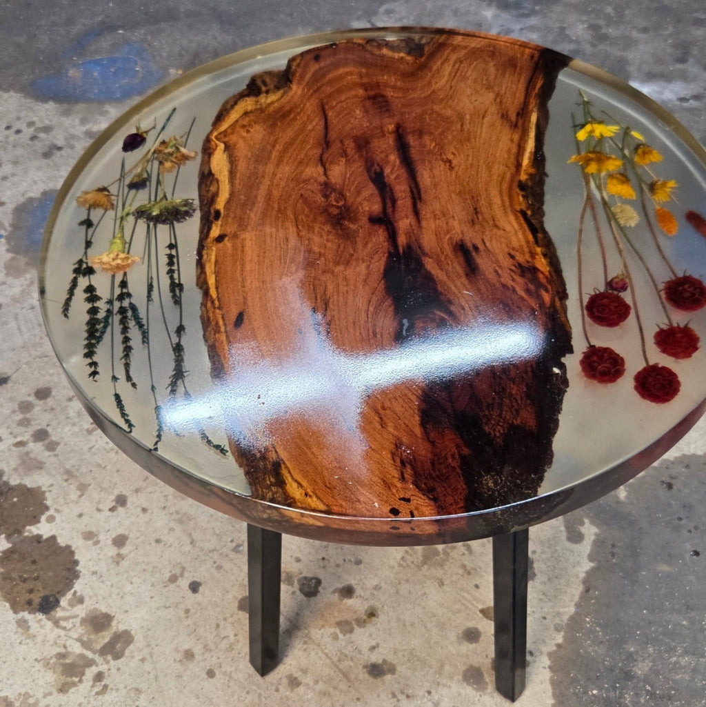 Epoxy End table with inlay-ed with Flowers and mesquite slab on black metal legs,