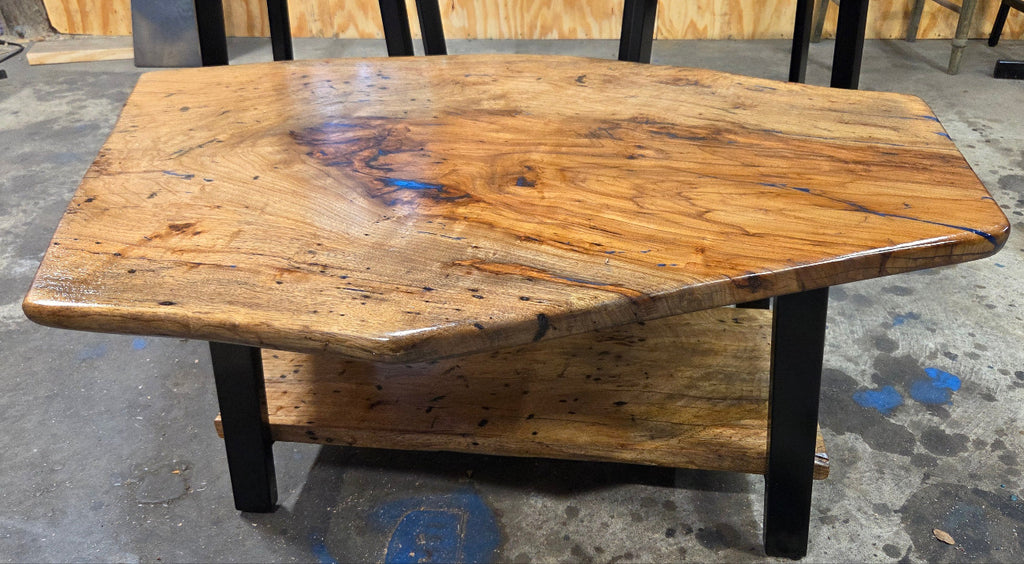 Live edge rustic Rectangular Pecan coffee table with lower shelf on black metal legs, blue epoxy inlay