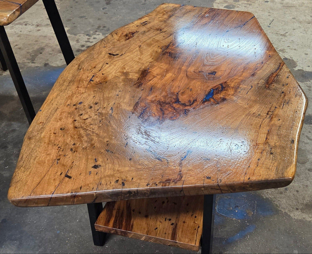 Live edge rustic Rectangular Pecan coffee table with lower shelf on black metal legs, blue epoxy inlay