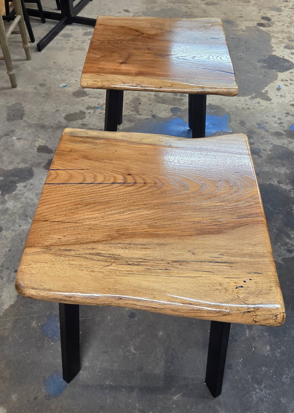 Live edge rustic Rectangular Pecan End tables on black metal legs,