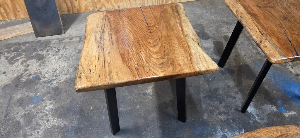 Live edge rustic Rectangular Pecan End tables on black metal legs, blue epoxy inlay