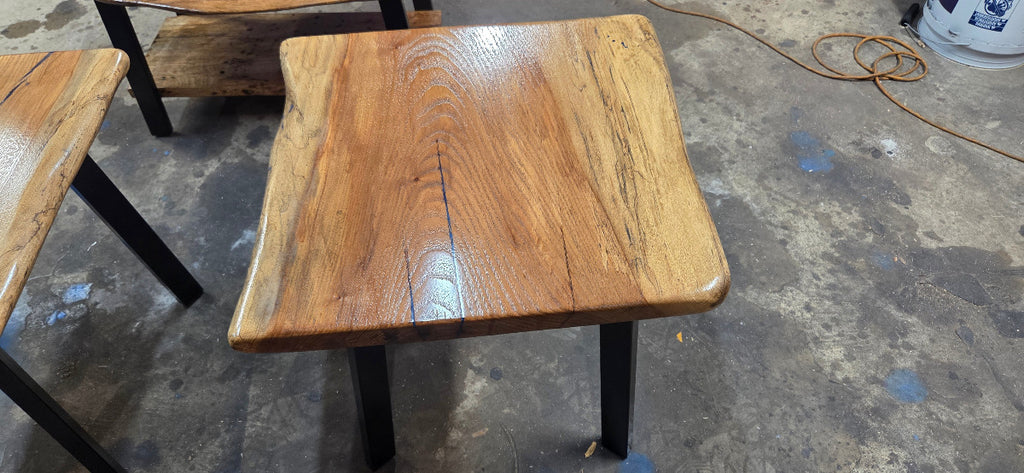 Live edge rustic Rectangular Pecan End tables on black metal legs, blue epoxy inlay