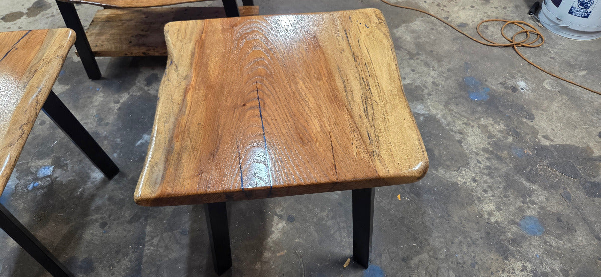 Live edge rustic Rectangular Pecan End tables on black metal legs, blue epoxy inlay