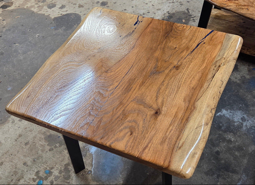 Live edge rustic Rectangular Pecan End tables on black metal legs, blue epoxy inlay