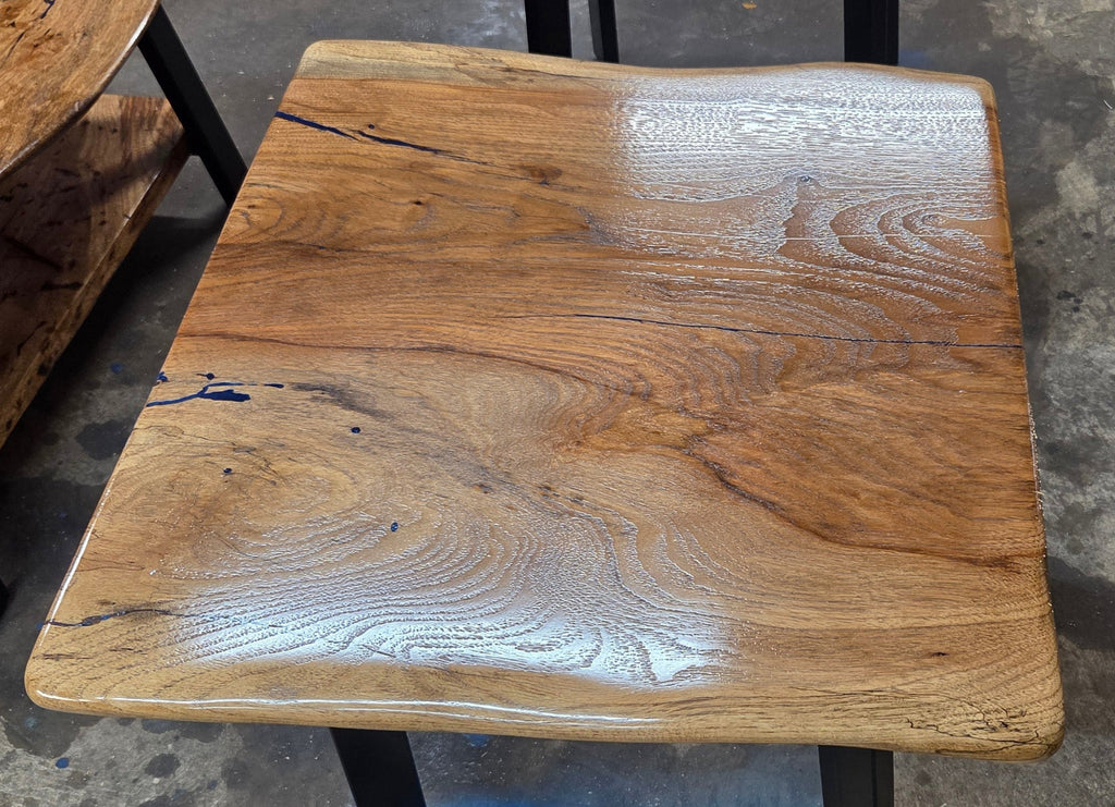 Live edge rustic Rectangular Pecan End tables on black metal legs, blue epoxy inlay