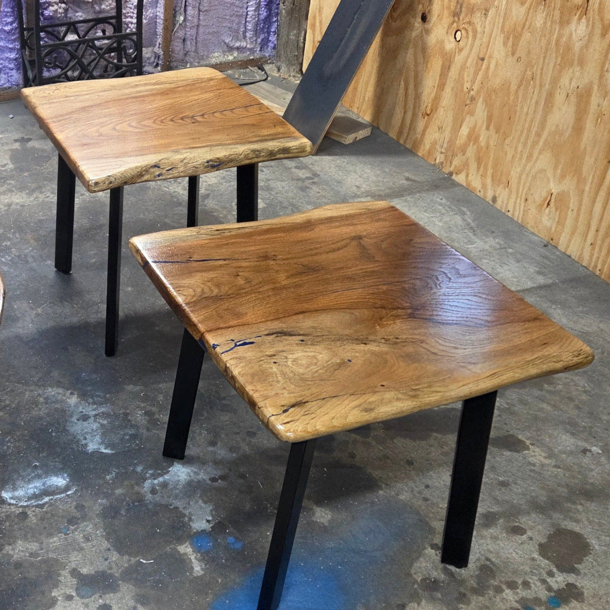 Live edge rustic Rectangular Pecan End tables on black metal legs,