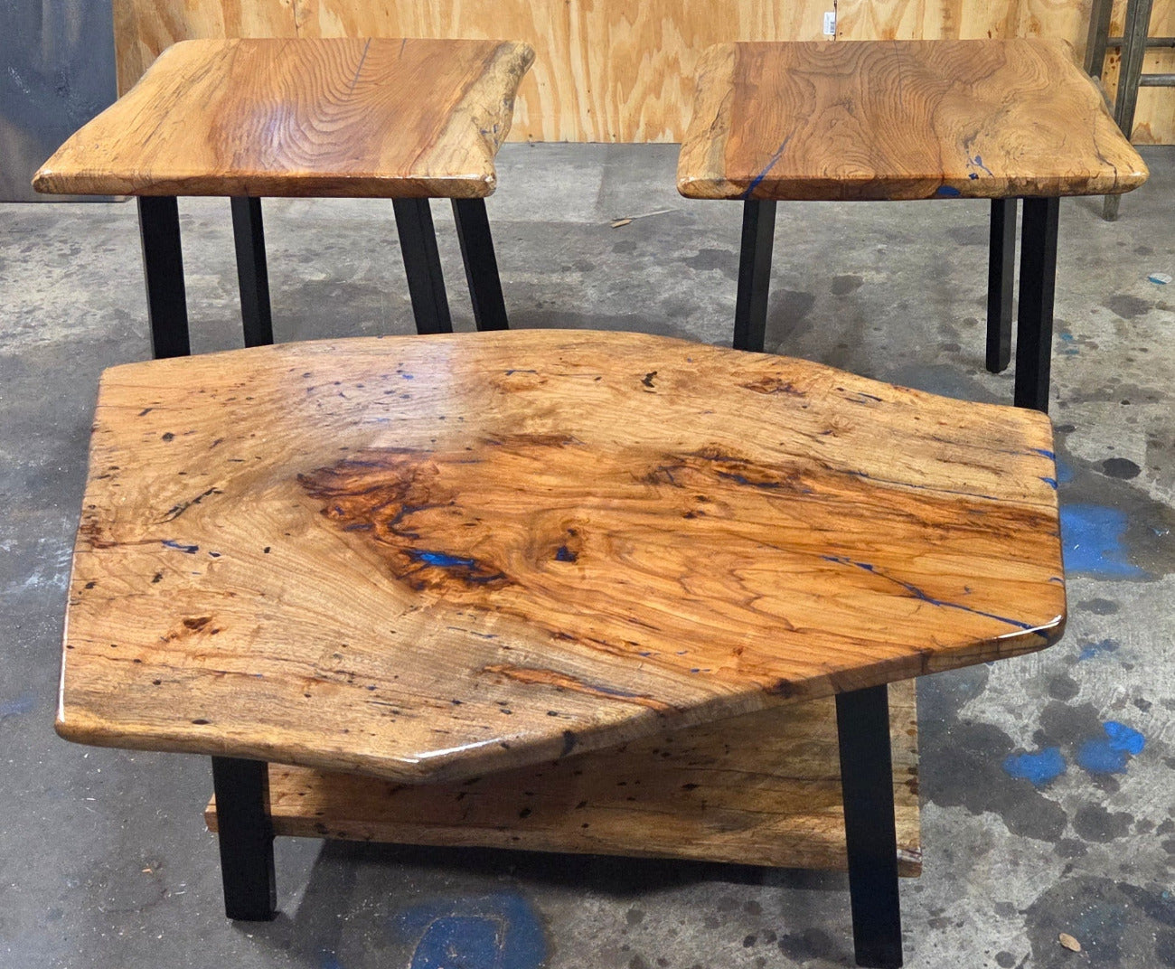 Live edge rustic Rectangular Pecan End tables on black metal legs, blue epoxy inlay