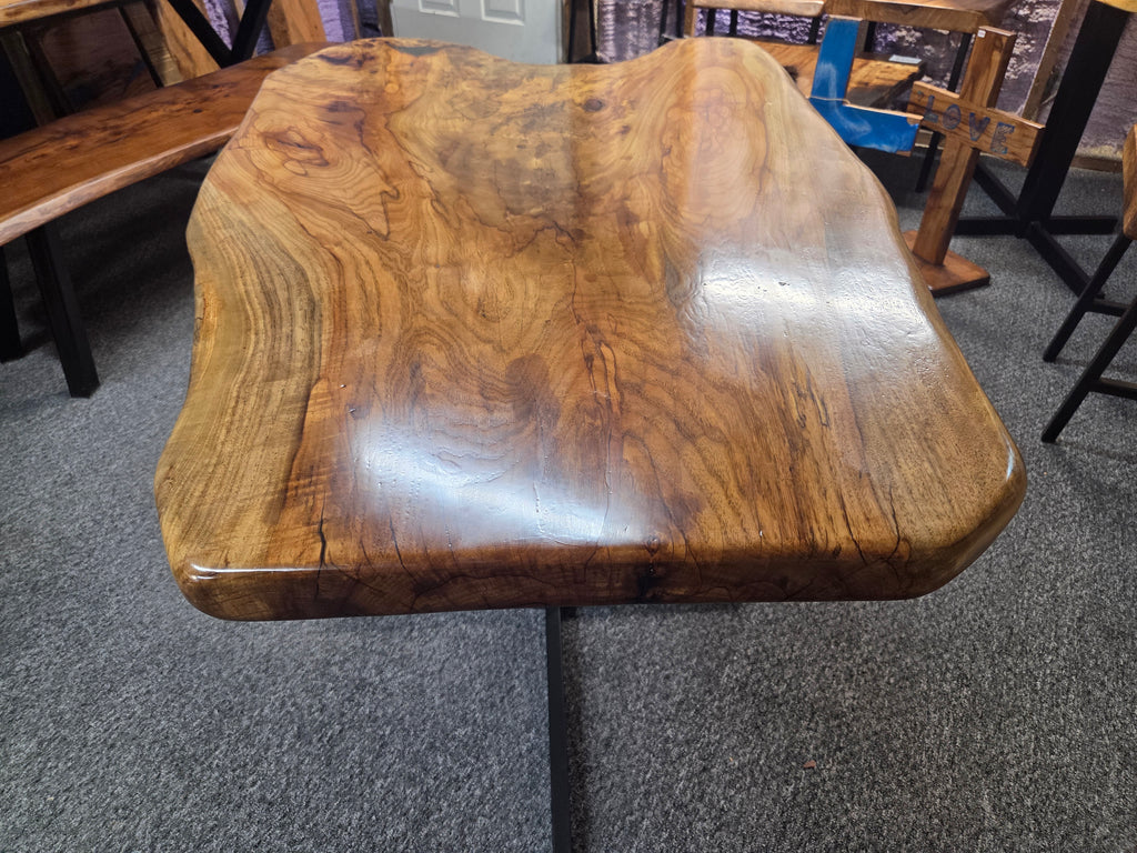 Live edge Burl Pecan Breakfast table with black metal pedestal legs