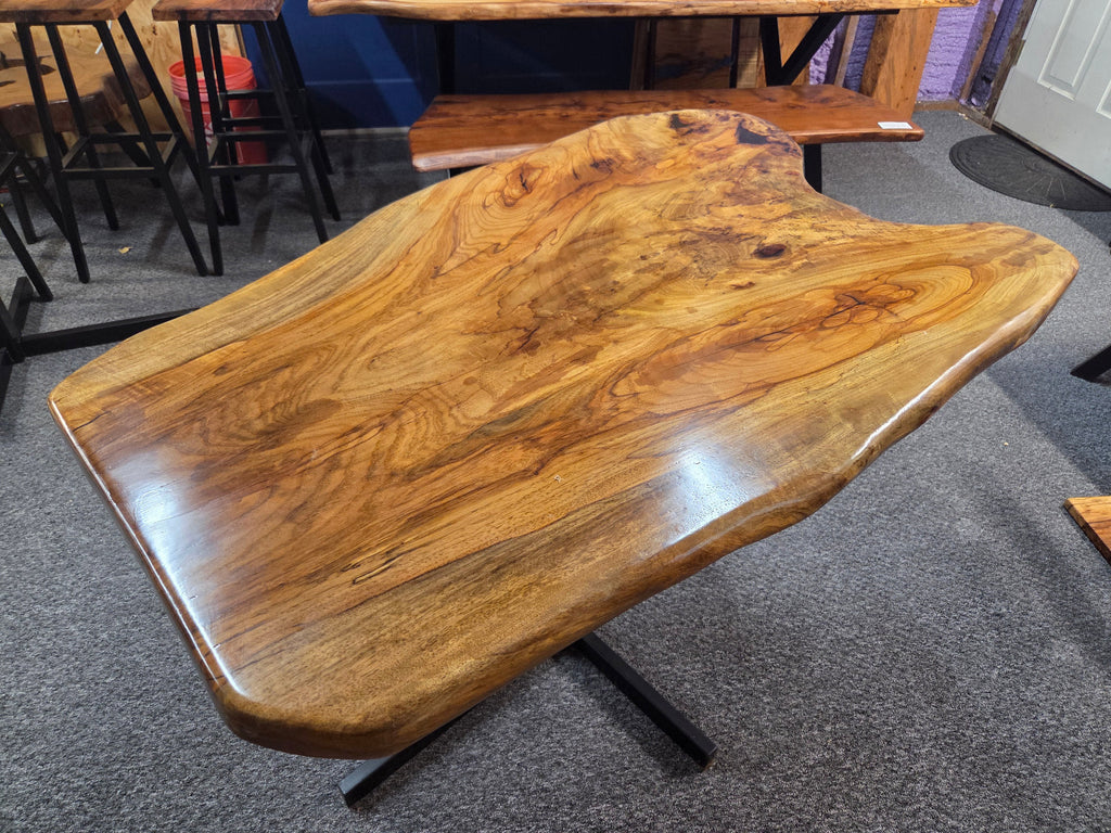 Live edge Burl Pecan Breakfast table with black metal pedestal legs