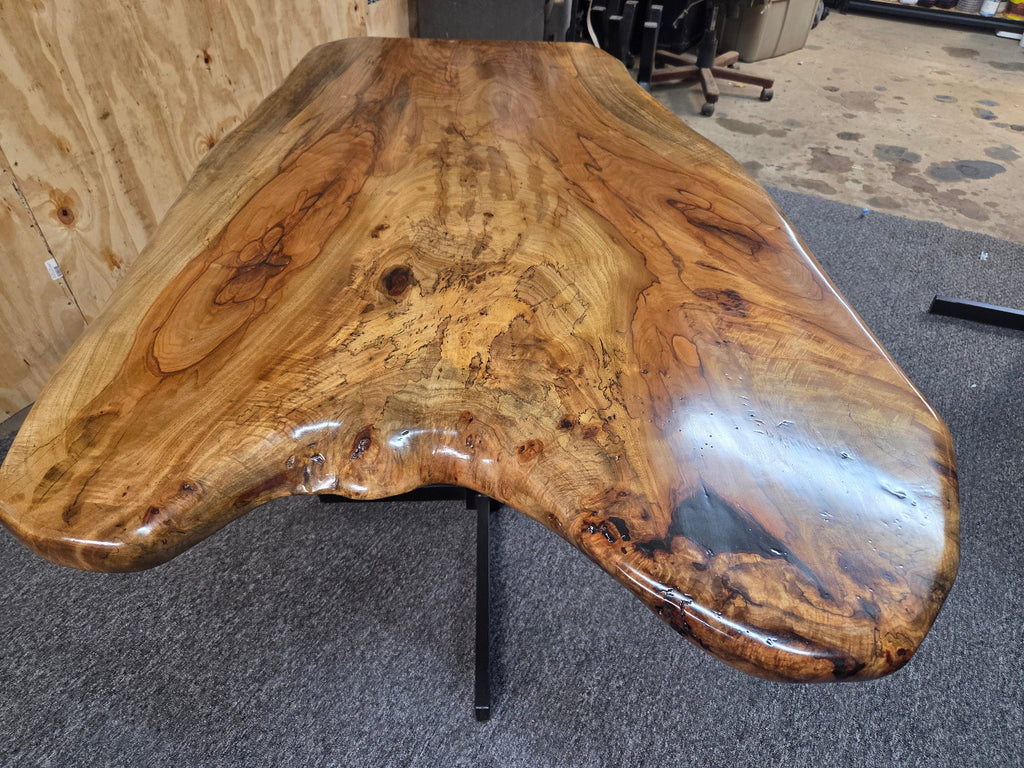 Live edge Burl Pecan Breakfast table with black metal pedestal legs