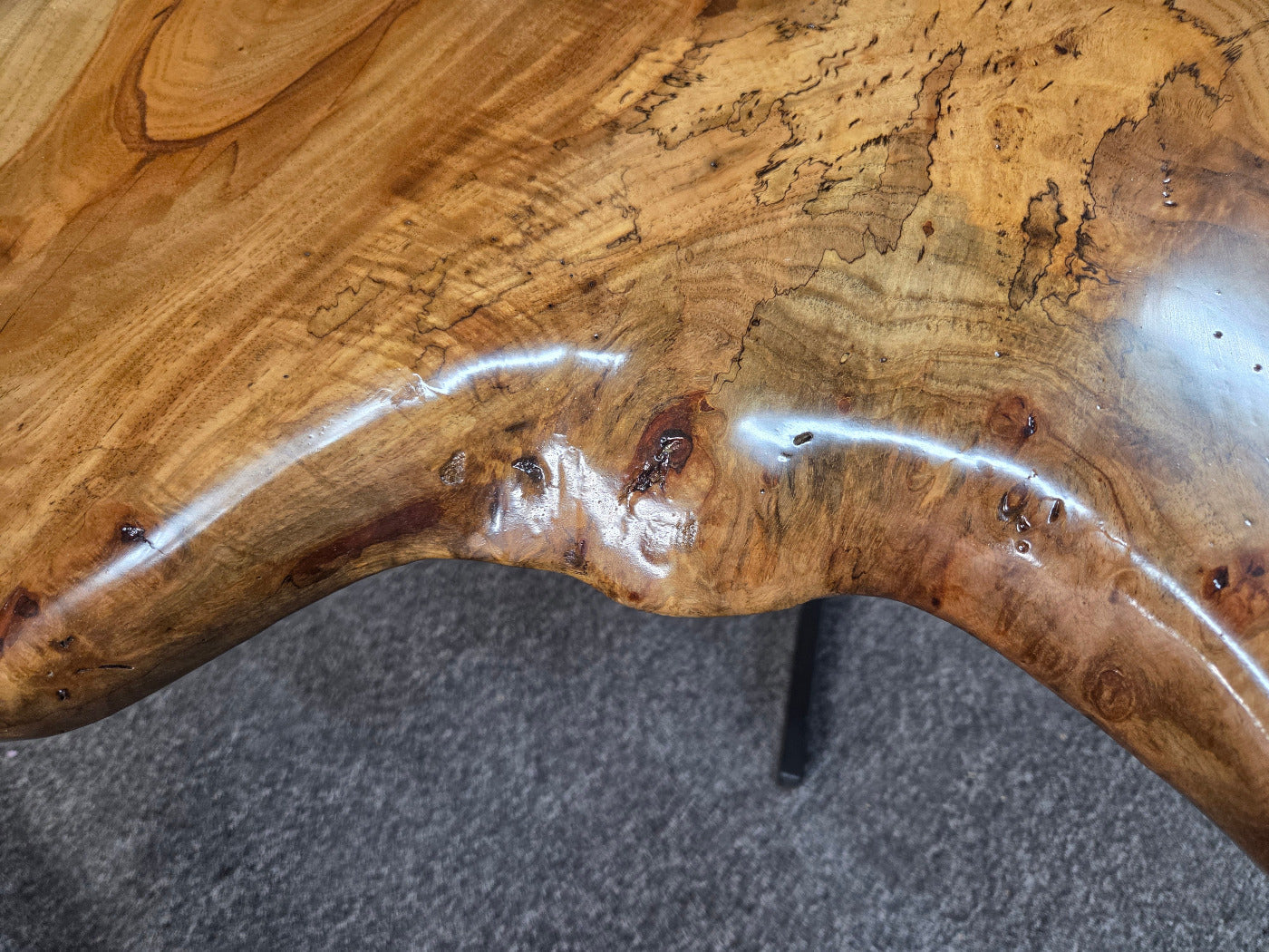 Live edge Burl Pecan Breakfast table with black metal pedestal legs
