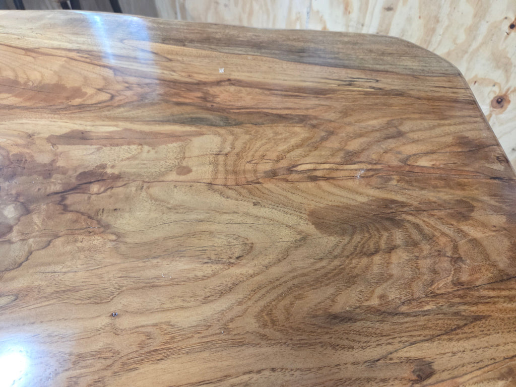 Live edge Burl Pecan Breakfast table with black metal pedestal legs