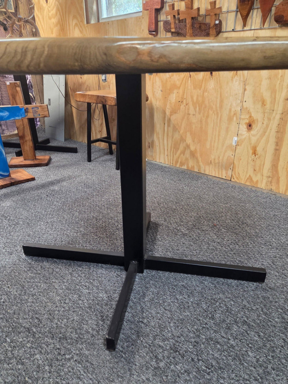 Live edge Burl Pecan Breakfast table with black metal pedestal legs