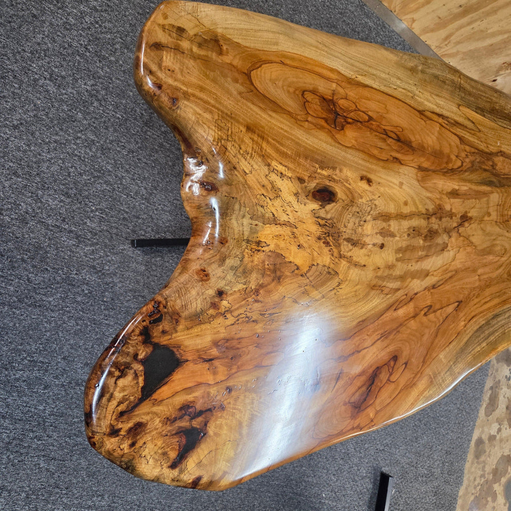 Live edge Burl Pecan Breakfast table with black metal pedestal legs