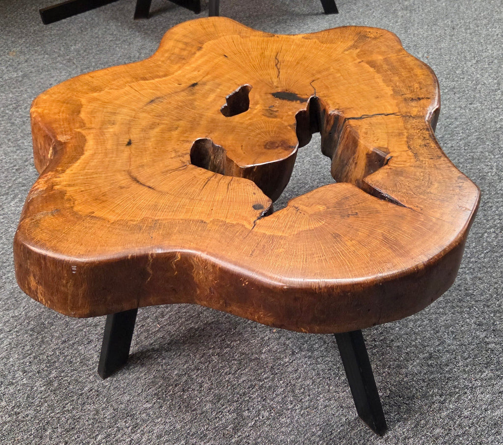 Large Live Oak Coffee Table with organic live edge shape, hole in the center section with black metal legs