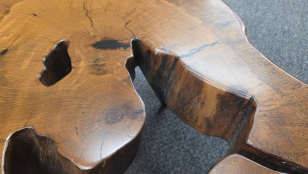 Large Live Oak Coffee Table with organic live edge shape, hole in the center section with black metal legs