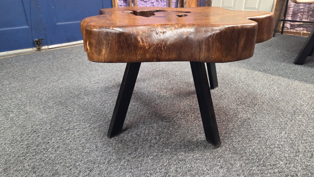 Large Live Oak Coffee Table with organic live edge shape, hole in the center section with black metal legs