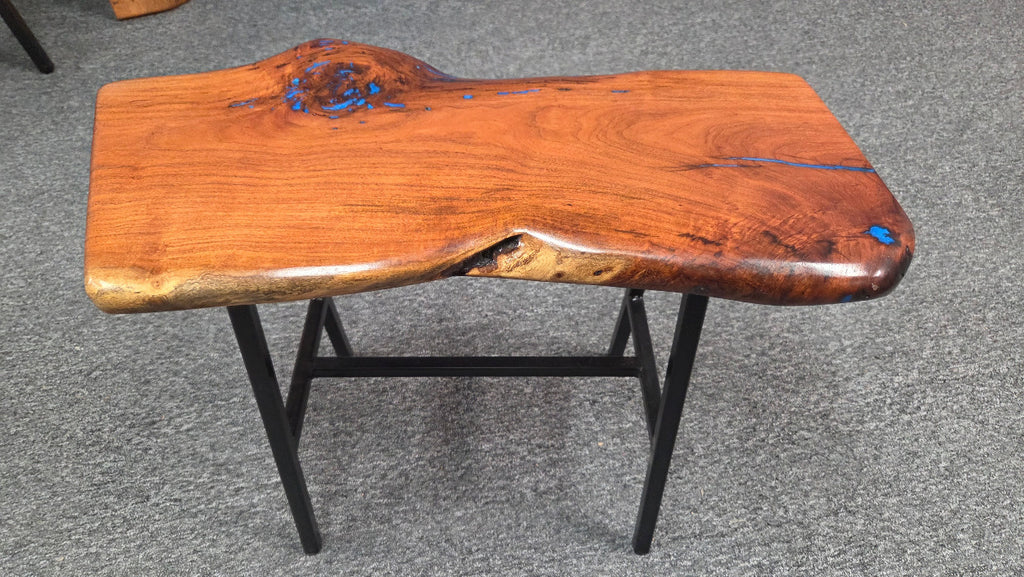 Live Edge mesquite end table with blue epoxy inlay on black metal square tubed legs