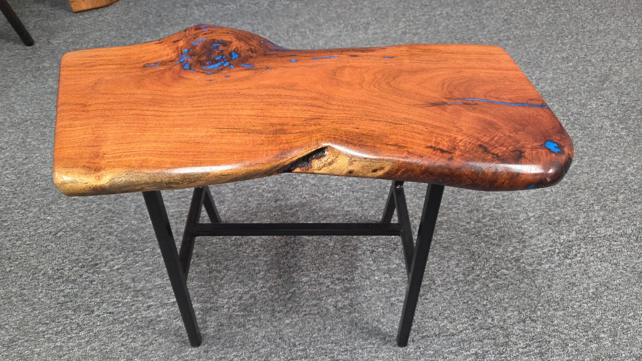 Live Edge mesquite end table with blue epoxy inlay on black metal square tubed legs