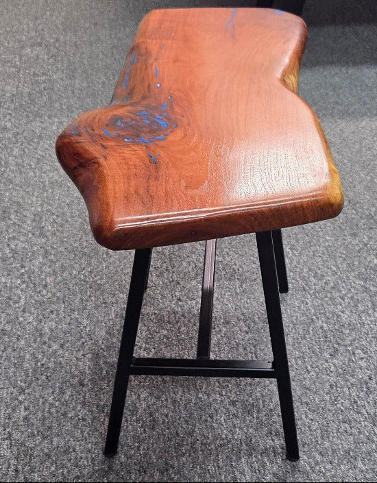 Live Edge mesquite end table with blue epoxy inlay on black metal square tubed legs