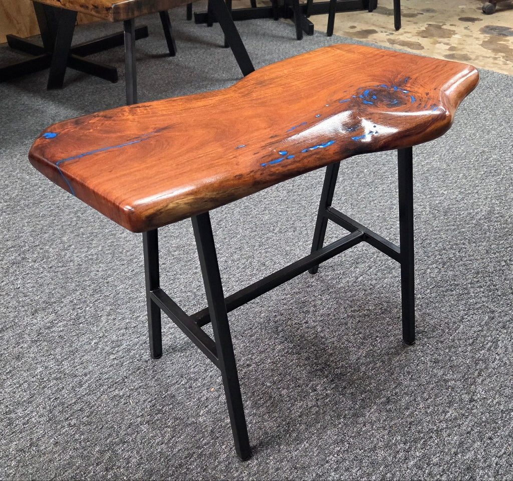 Live Edge mesquite end table with blue epoxy inlay on black metal square tubed legs
