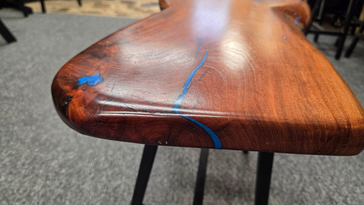 Live Edge mesquite end table with blue epoxy inlay on black metal square tubed legs