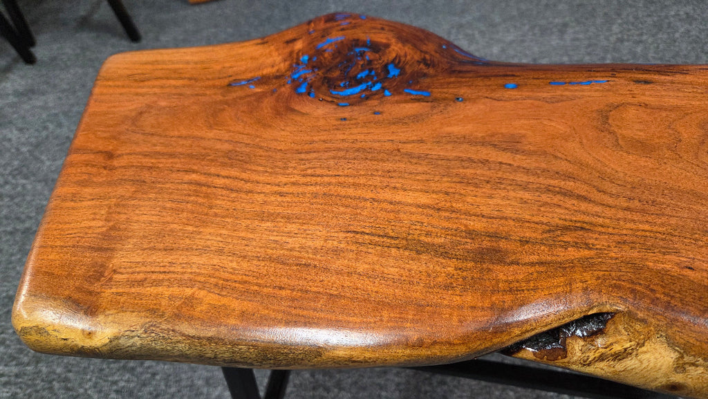Live Edge mesquite end table with blue epoxy inlay on black metal square tubed legs