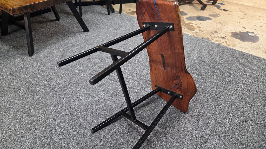 Live Edge mesquite end table with blue epoxy inlay on black metal square tubed legs