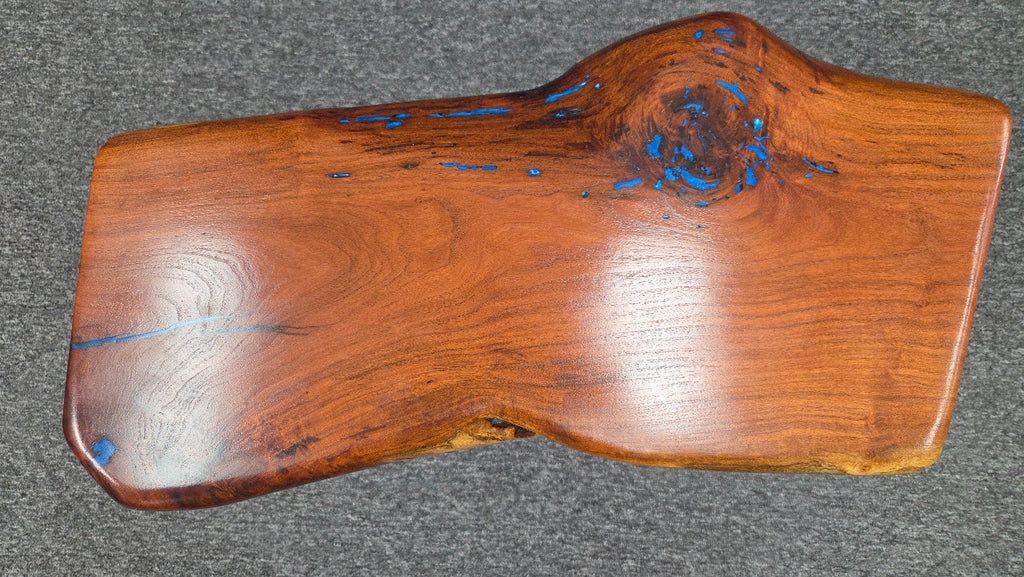 Live Edge mesquite end table with blue epoxy inlay on black metal square tubed legs