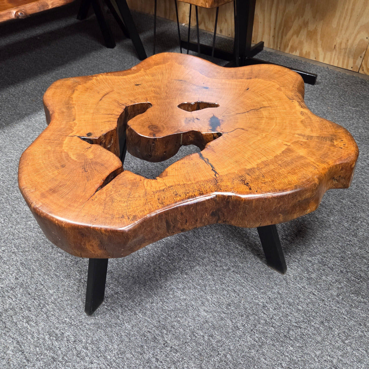 Large Live Oak Coffee Table with organic live edge shape, hole in the center section with black metal legs