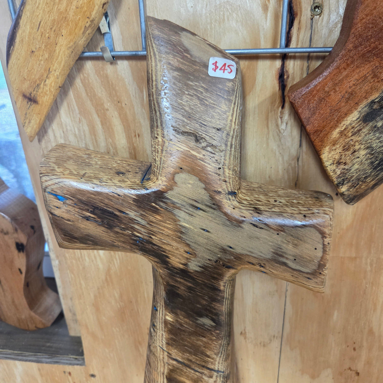 Pecan standing Cross with natural colors, hanging cross wall art