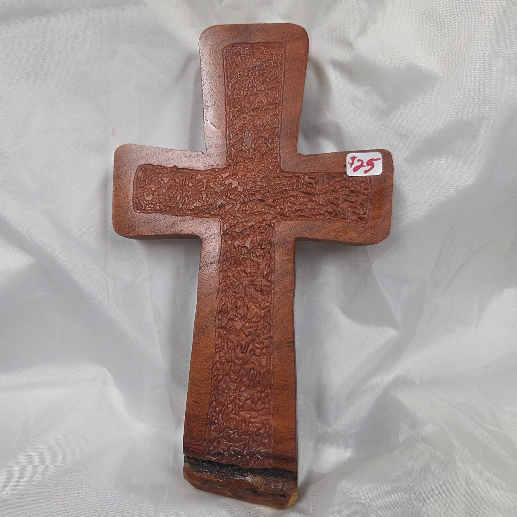 hand carved Mesquite Cross with natural colors, hanging cross wall art