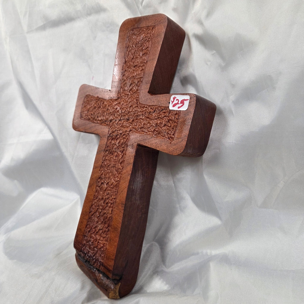 hand carved Mesquite Cross with natural colors, hanging cross wall art