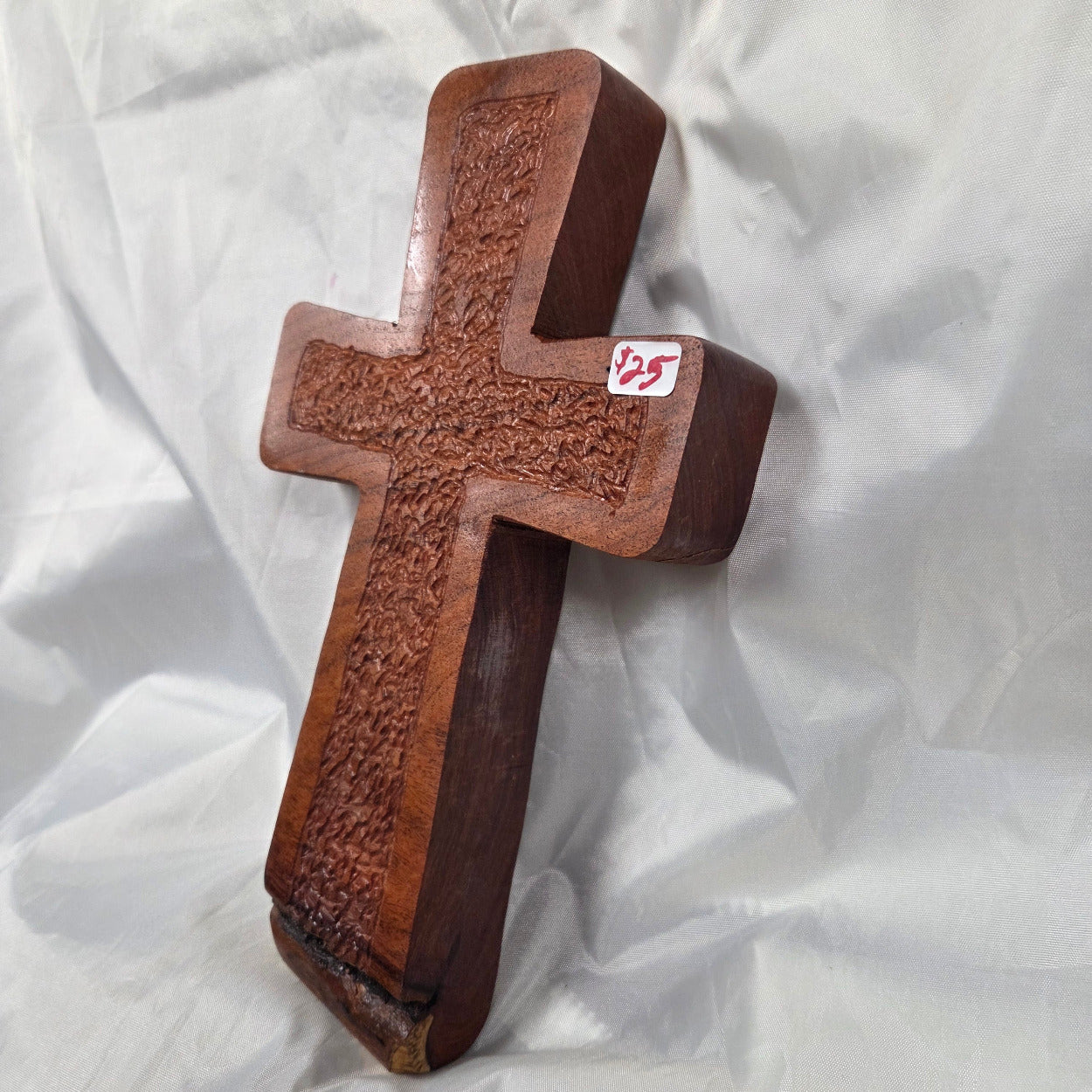 hand carved Mesquite Cross with natural colors, hanging cross wall art