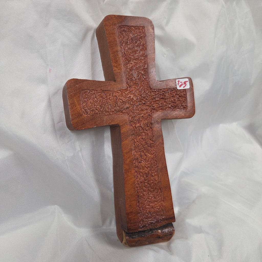 hand carved Mesquite Cross with natural colors, hanging cross wall art