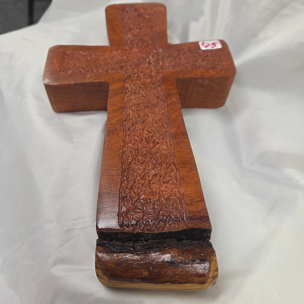 hand carved Mesquite Cross with natural colors, hanging cross wall art