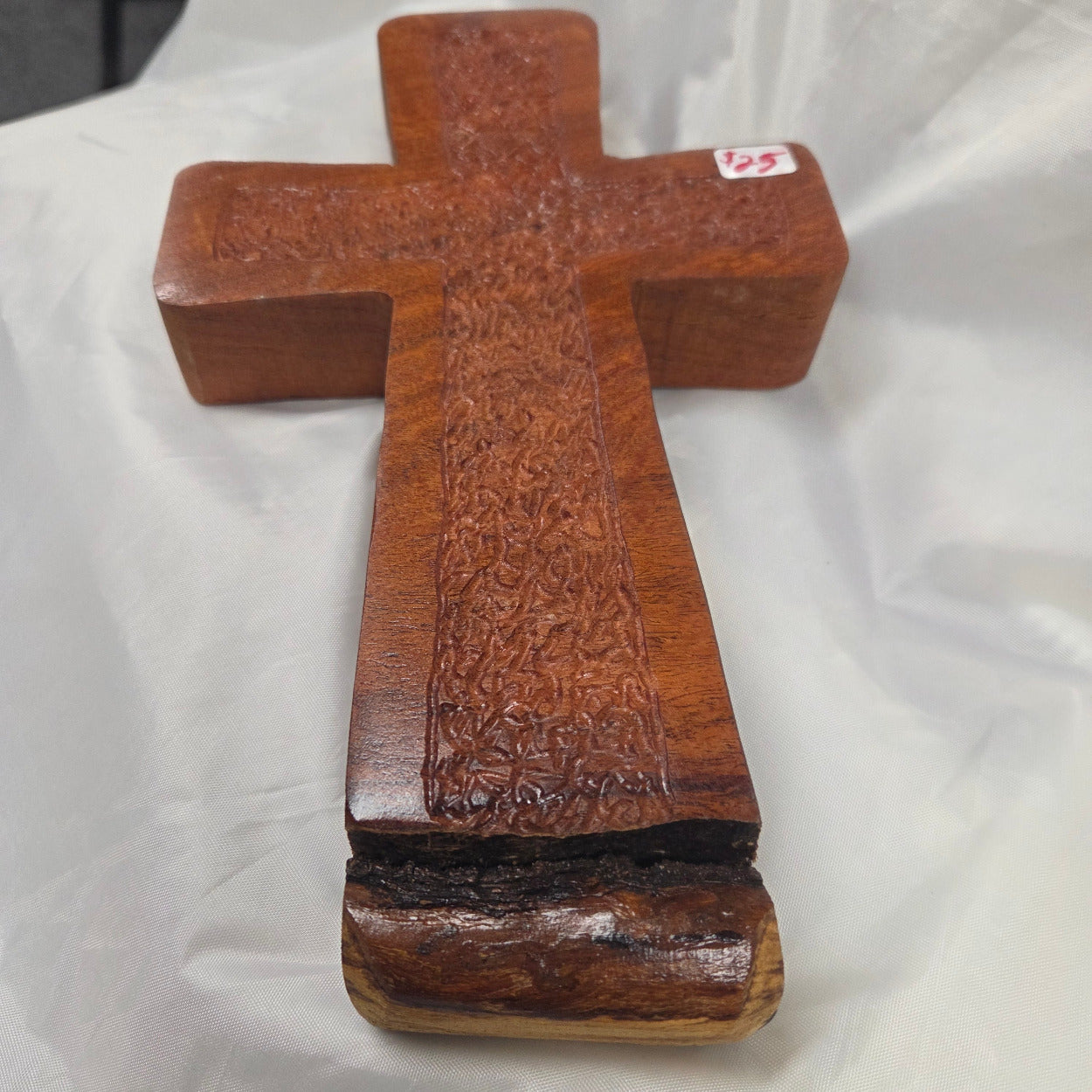 hand carved Mesquite Cross with natural colors, hanging cross wall art