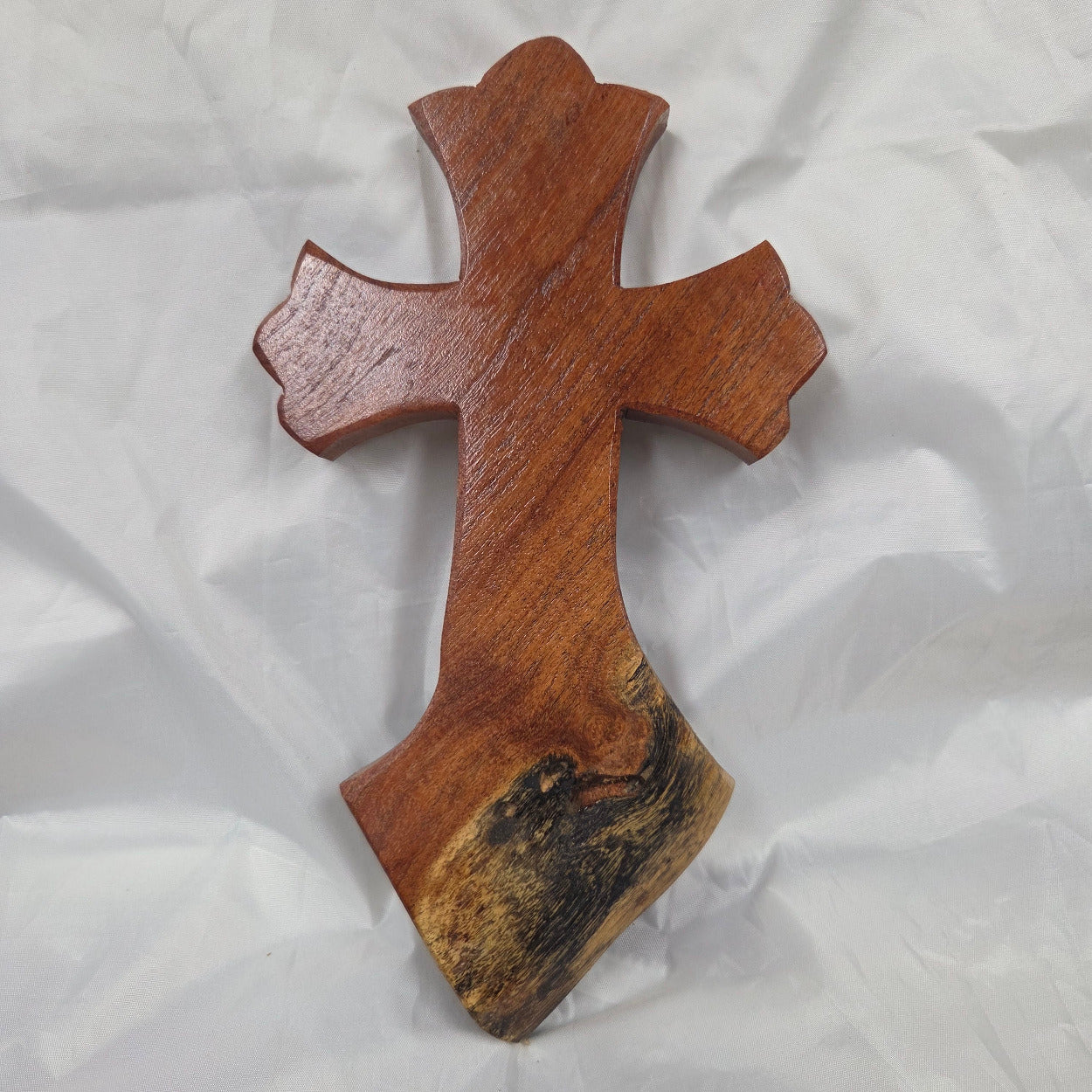scalloped Mesquite Cross with natural colors, hanging cross wall art