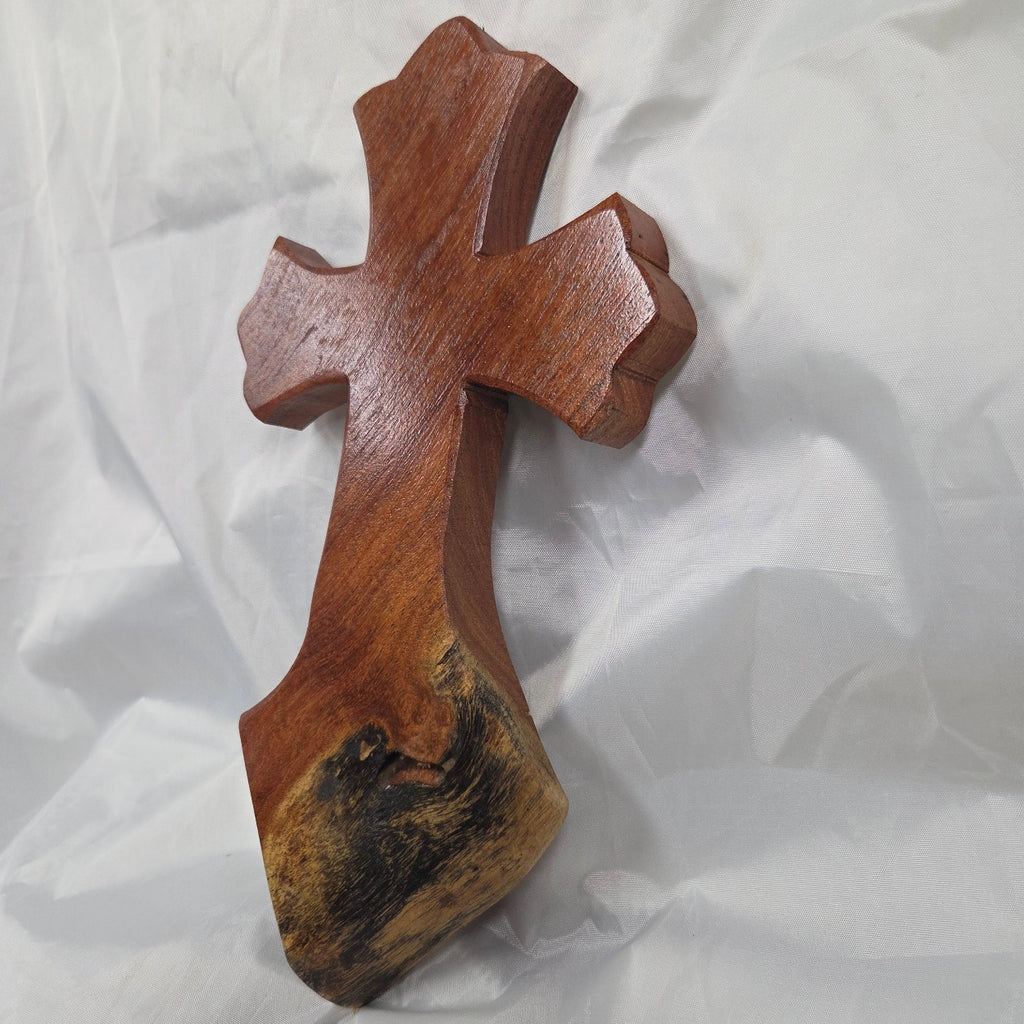 scalloped Mesquite Cross with natural colors, hanging cross wall art