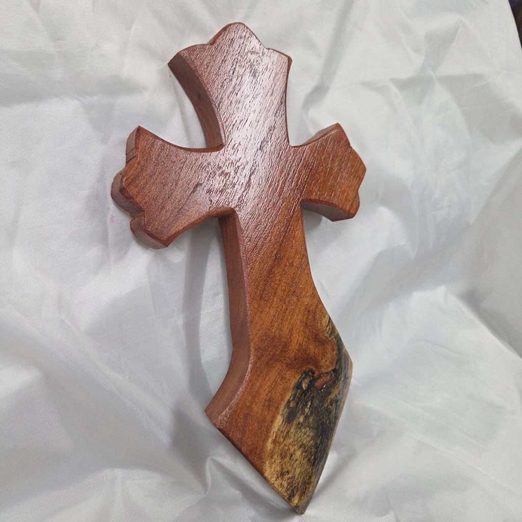 scalloped Mesquite Cross with natural colors, hanging cross wall art