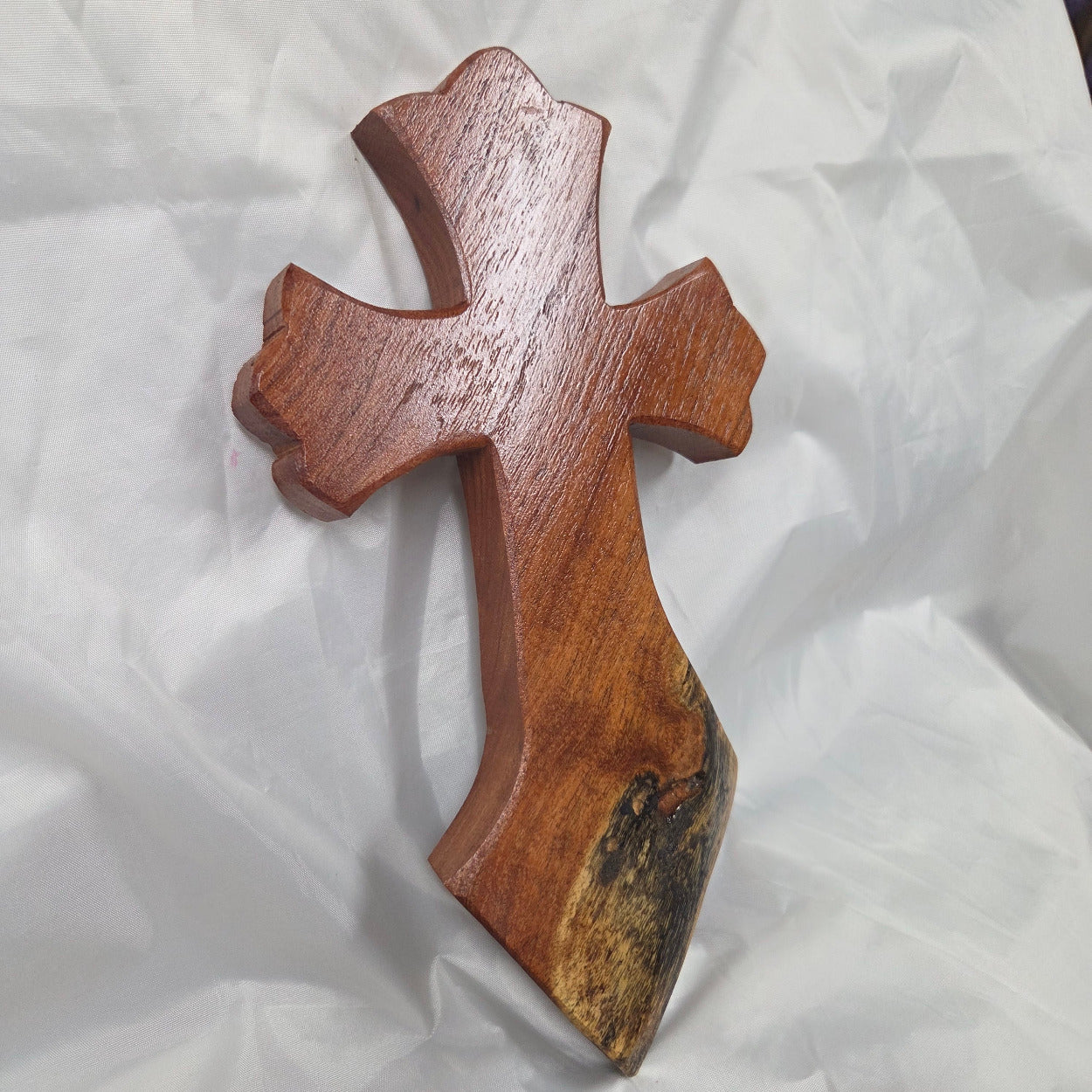 scalloped Mesquite Cross with natural colors, hanging cross wall art