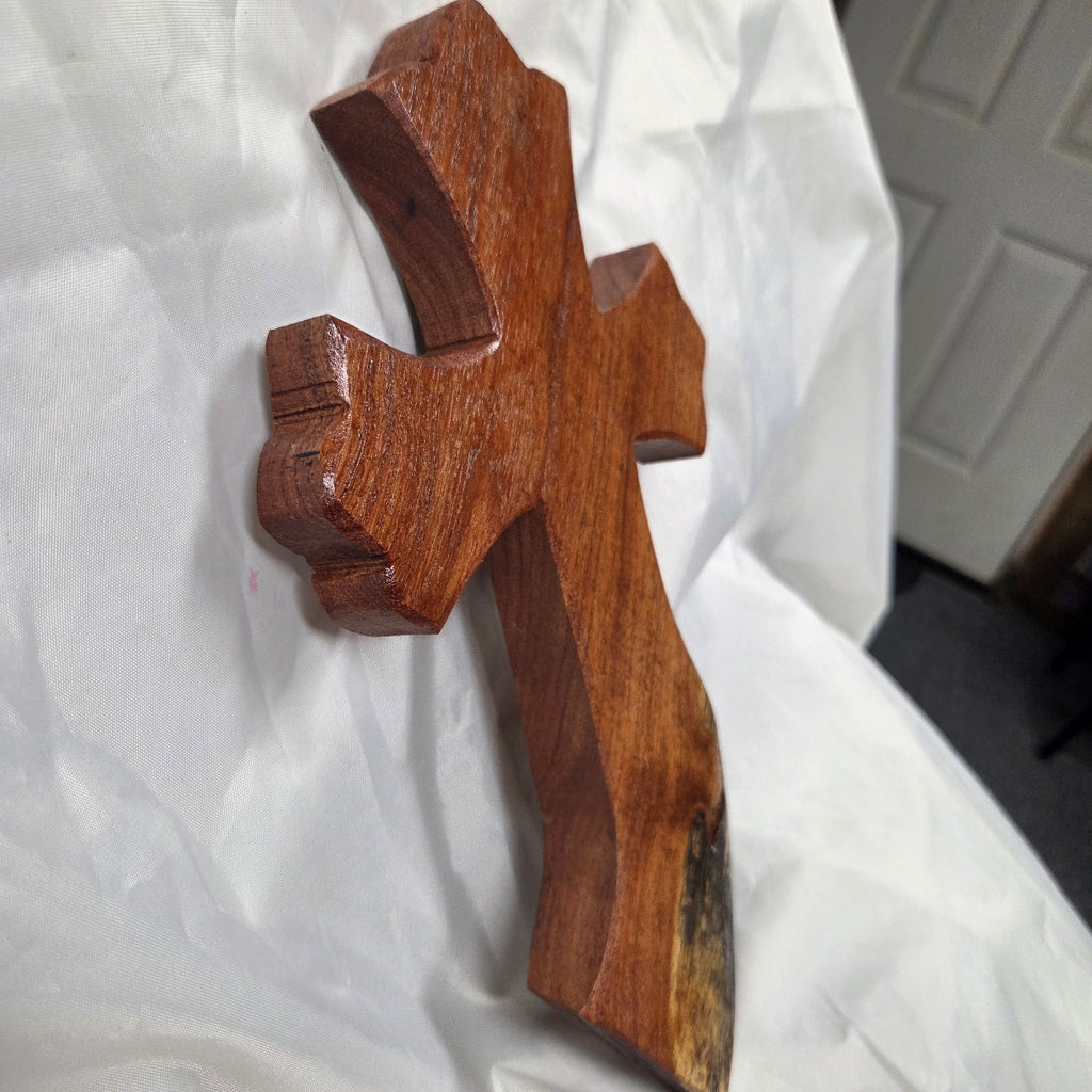 scalloped Mesquite Cross with natural colors, hanging cross wall art